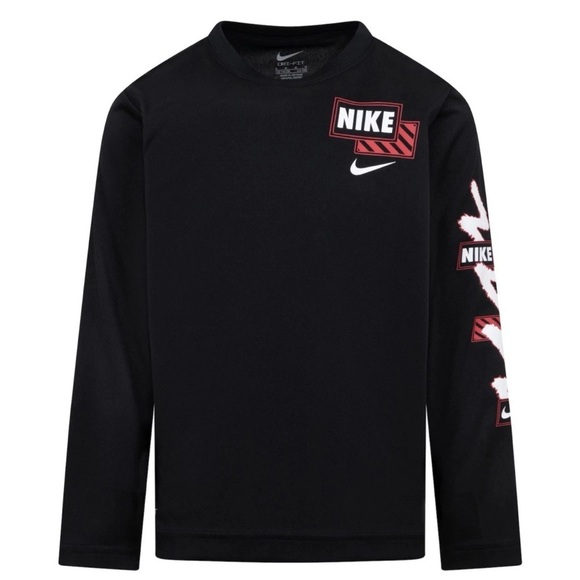 Nike Boys Size 4 BLACK Swoosh Scribble Dri-FIT Long Sleeve T-Shirt NWT - Picture 1 of 1